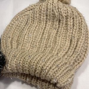 Acrylic Scrunchy Thick Winter Hat Brown with Crystal Beads Like Ice